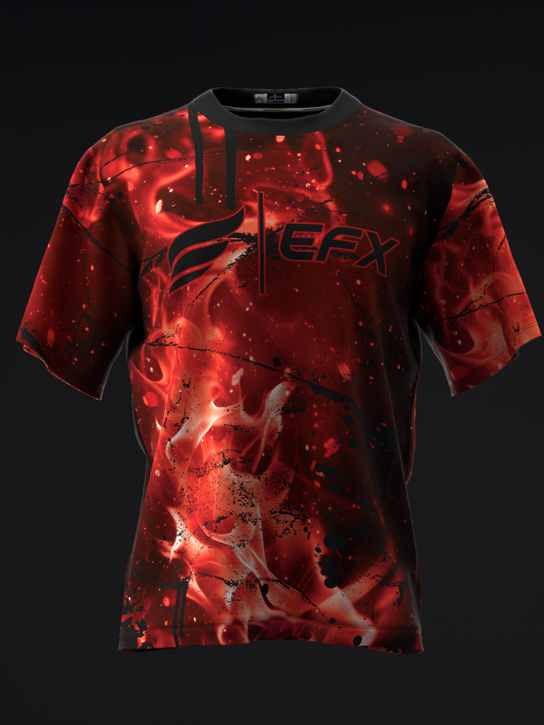 Red and black bowling jersey with plasma fire graphic design, front view