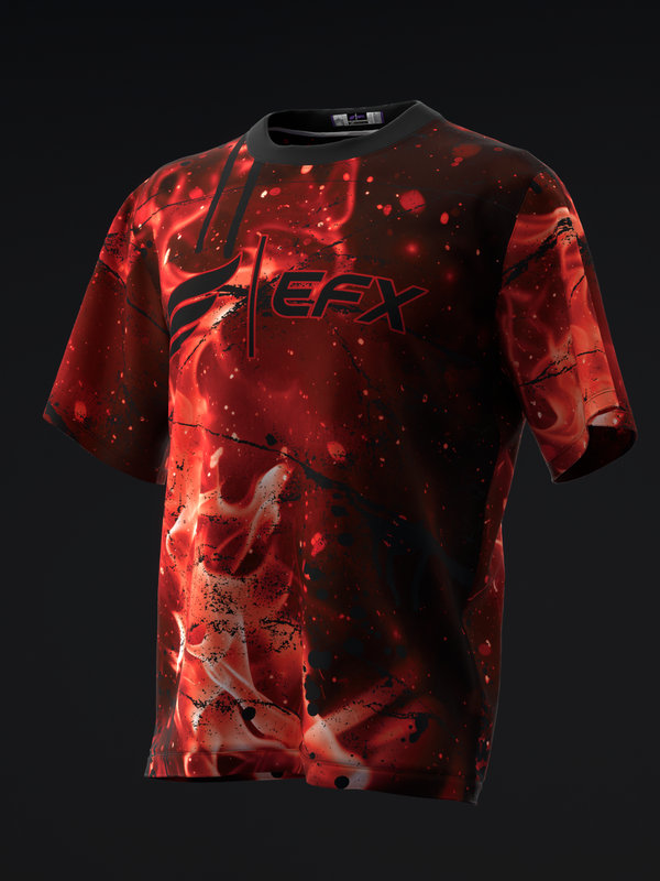Red and black tie-dye bowling jersey with EFX logo, front view
