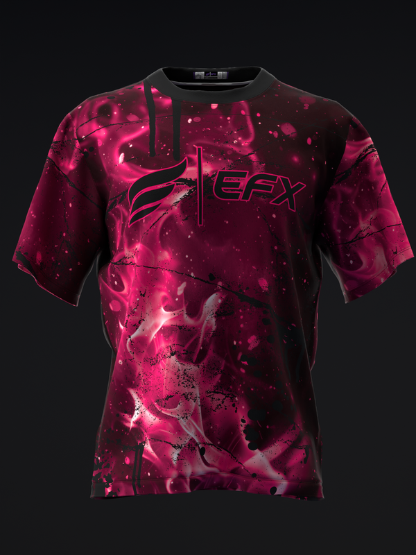 Front view of magenta bowling jersey with abstract glowing sparkle pattern and EFX logo