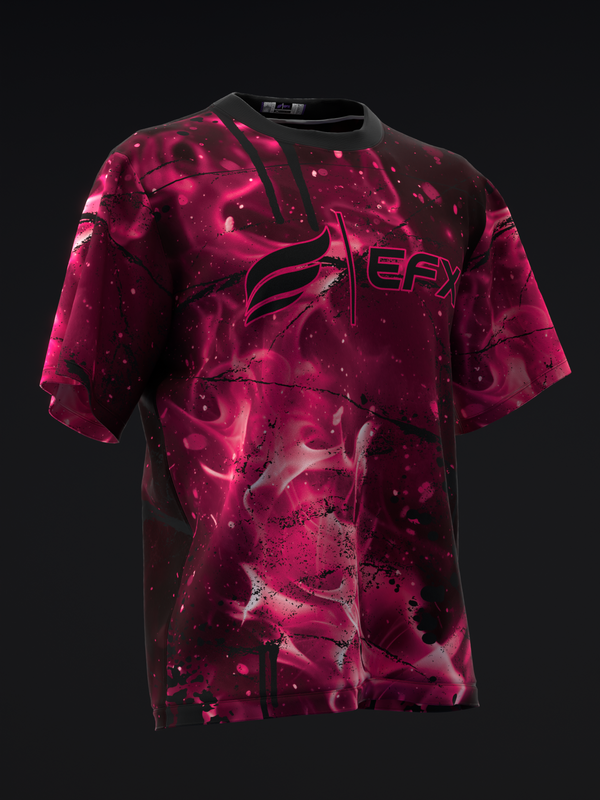 Magenta bowling jersey with abstract marble and splatter design, front view