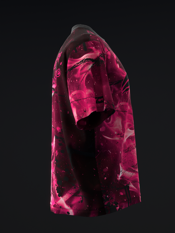 Magenta and black tie-dye bowling jersey shown from side view