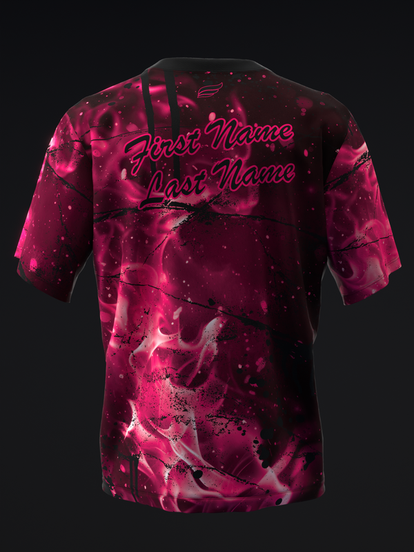 Magenta and black marbled bowling jersey with customizable name text, back view