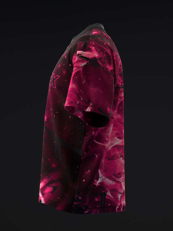 Magenta and black marble bowling jersey with neon graphic design, side view