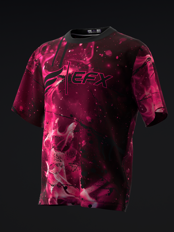 Magenta and black tie-dye bowling jersey with EFX logo on front