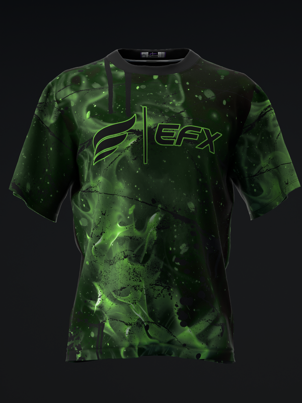 Green and black tie-dye bowling jersey with EFX logo, front view