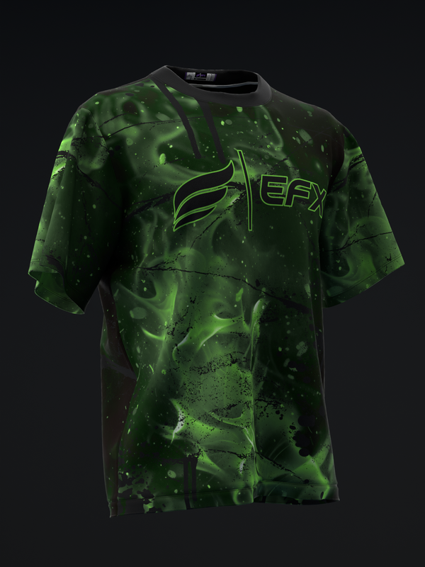 Green and black splatter-patterned bowling jersey with EFX logo, front view