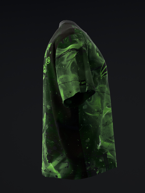 Green and black abstract bowling jersey with splatter pattern, side view
