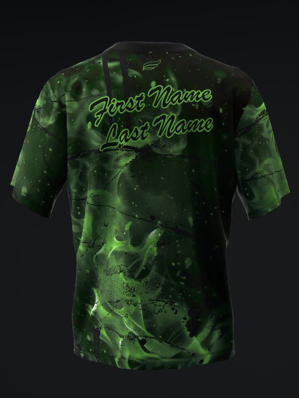 Green and black tie-dye bowling jersey with personalized name text on back