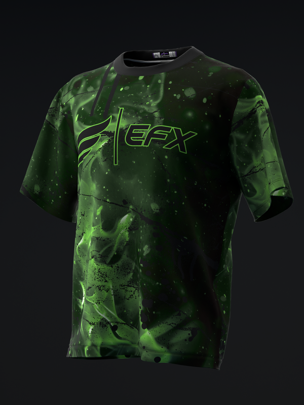 Black and lime green splatter print bowling jersey with EFX logo design