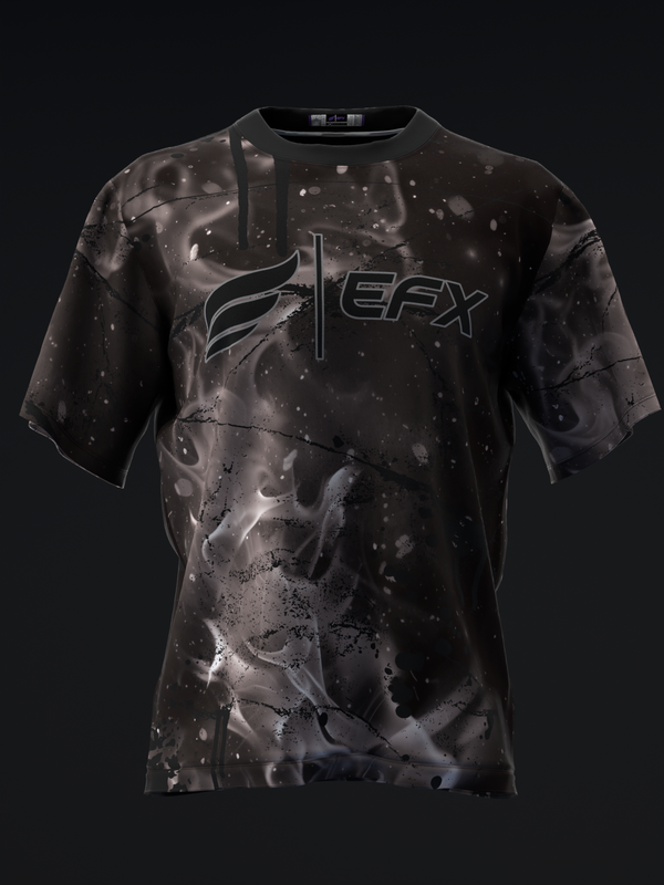Black bowling jersey with smoke and splatter pattern design, front view