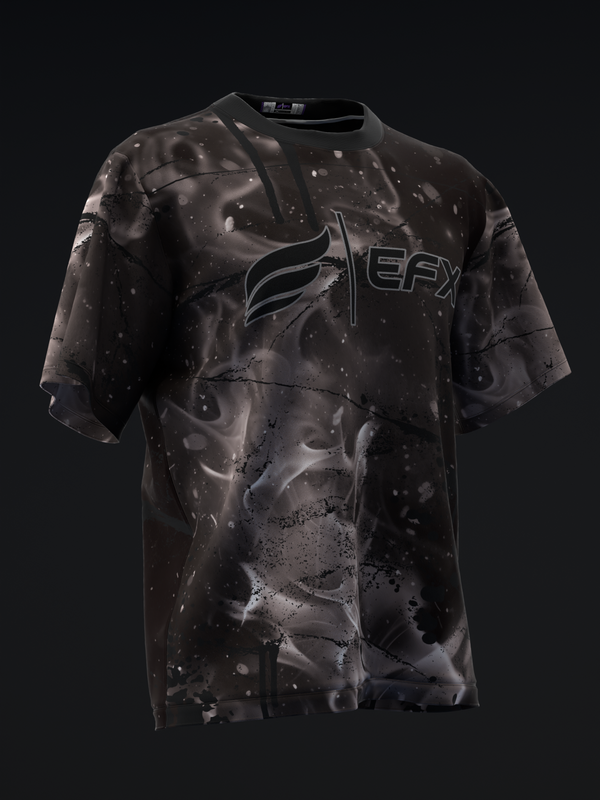 Black bowling jersey with abstract smoke and splatter graphic pattern, front view