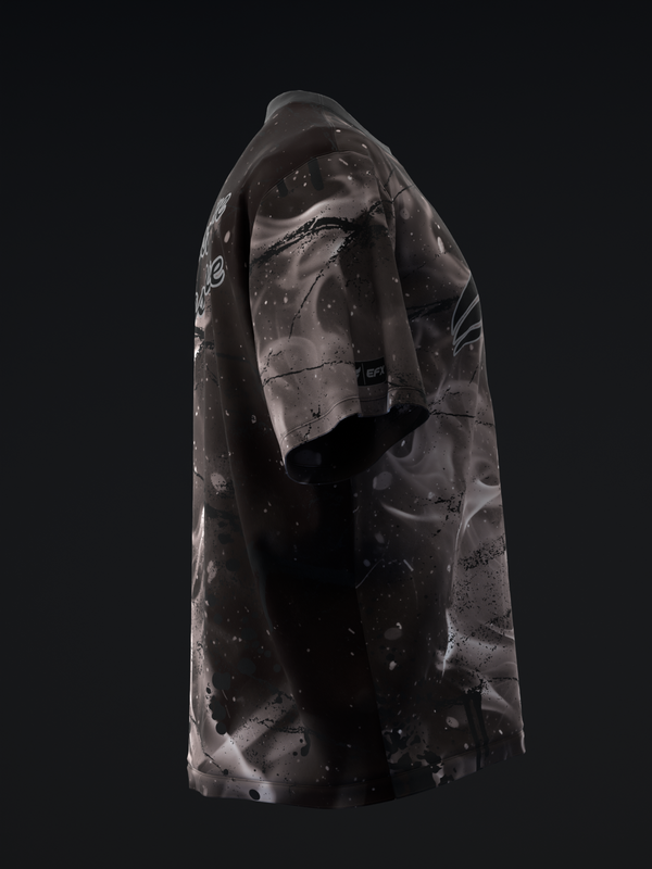 Black bowling jersey with abstract smoke and splatter graphic design, side view