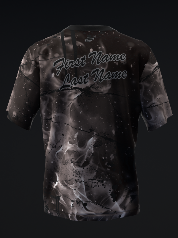 Black bowling jersey with smoke and splatter pattern, back view with personalization lines