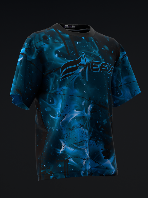 EFX bowling jersey in black and blue splatter pattern with logo graphic on front