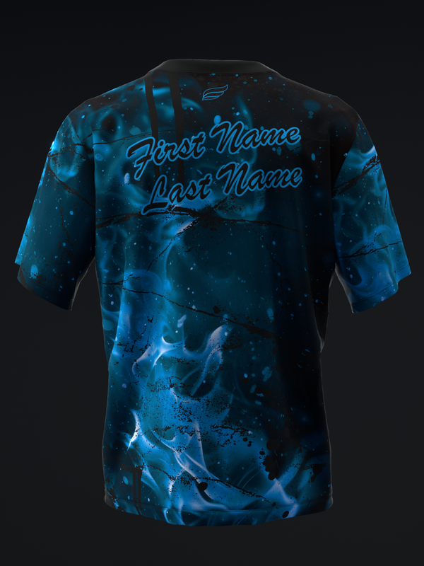 Black bowling jersey with blue tie-dye pattern and personalized name text on back