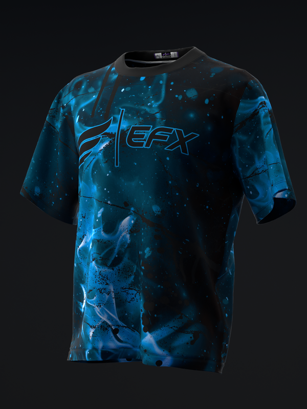 Black and blue tie-dye bowling jersey with EFX logo, front view