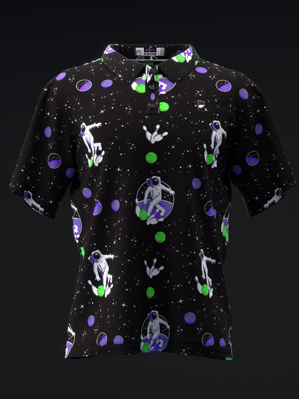 Black bowling polo with neon green and purple space-themed graphic print throughout
