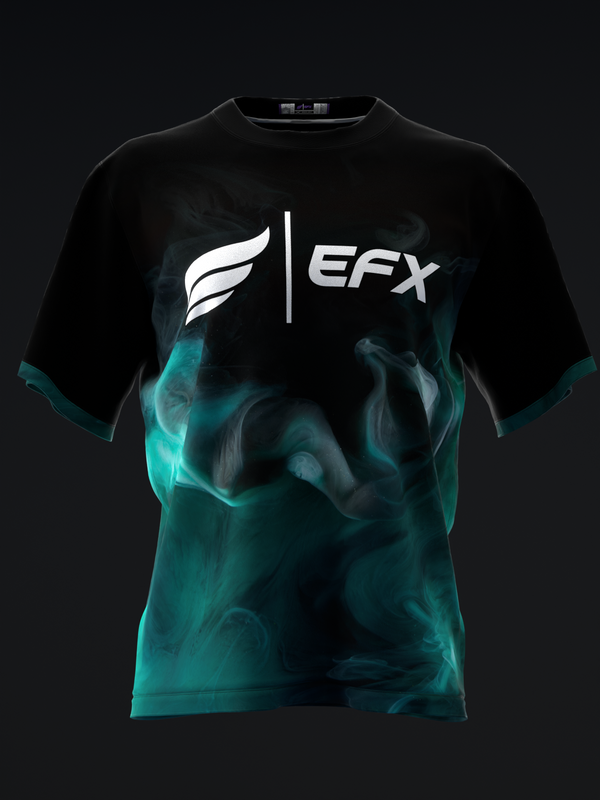 Black bowling jersey with turquoise smoke gradient and EFX logo on front