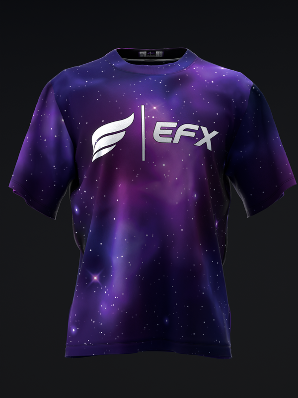 Purple galaxy print bowling jersey with white EFX logo and wing graphic