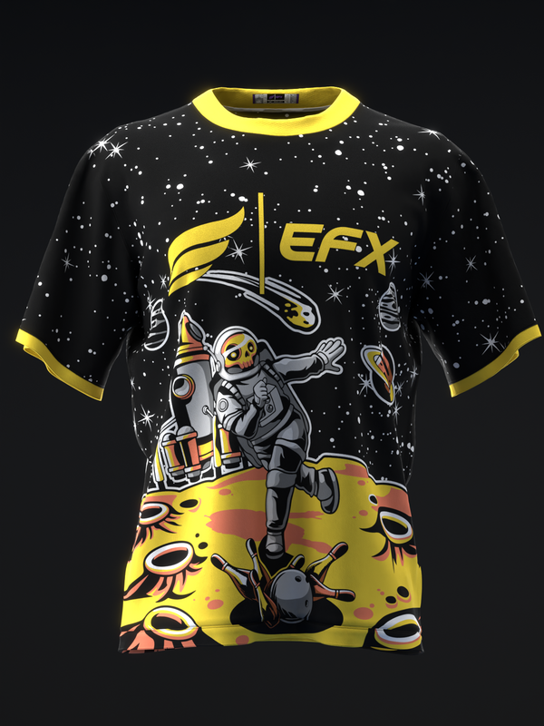 Black bowling jersey with yellow trim featuring astronaut and comet graphic design