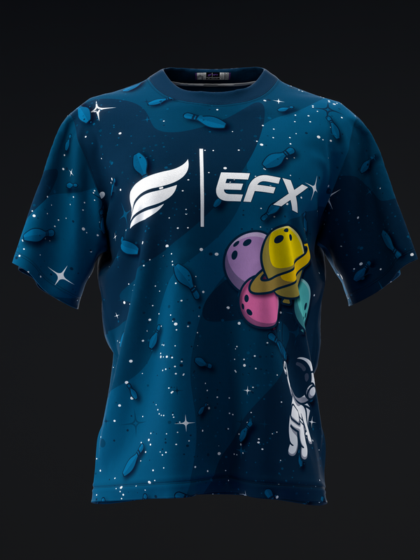 Dark blue bowling jersey with space theme, colorful bowling pins, and EFX logo