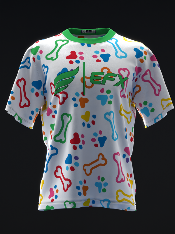 White bowling jersey with colorful paw prints, bones, and hearts pattern, front view