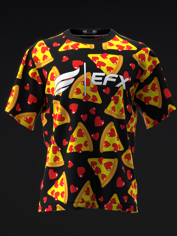 Black bowling jersey with pizza slice and red heart pattern throughout