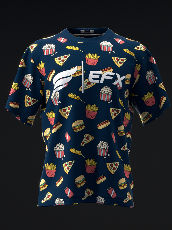 Navy bowling jersey with colorful fast food graphic pattern throughout