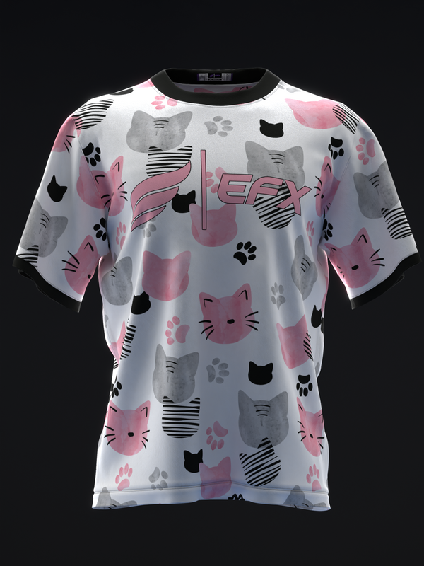 White bowling jersey with pink and gray cat faces and paw print pattern throughout