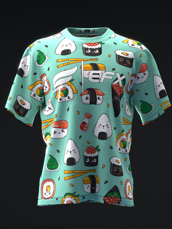 Teal bowling jersey with colorful sushi and character print, front view