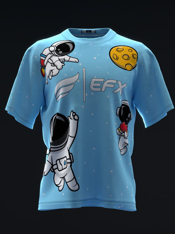 Light blue bowling jersey with astronaut and moon graphic design on front