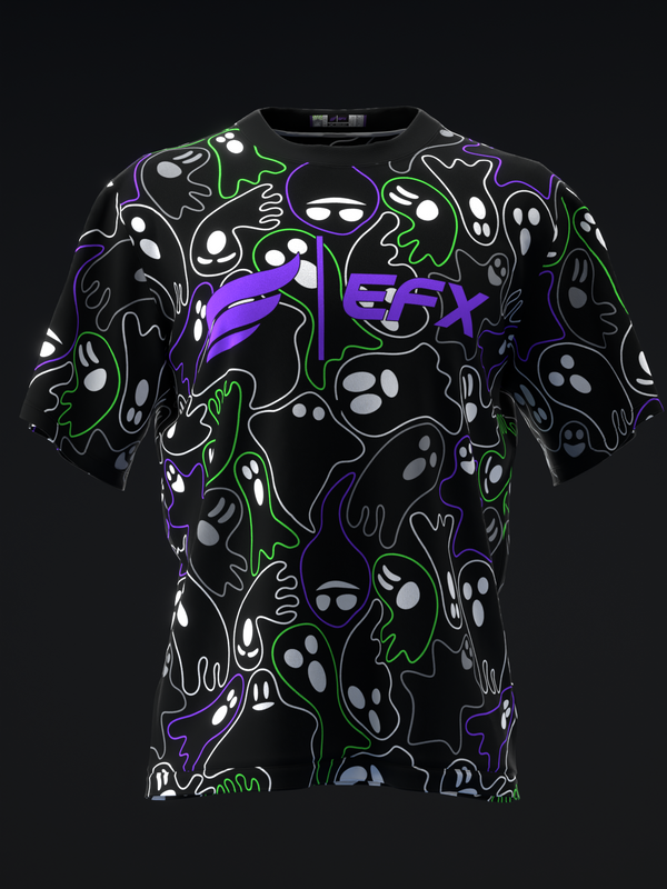 Black bowling jersey with neon ghost and glow pattern front view