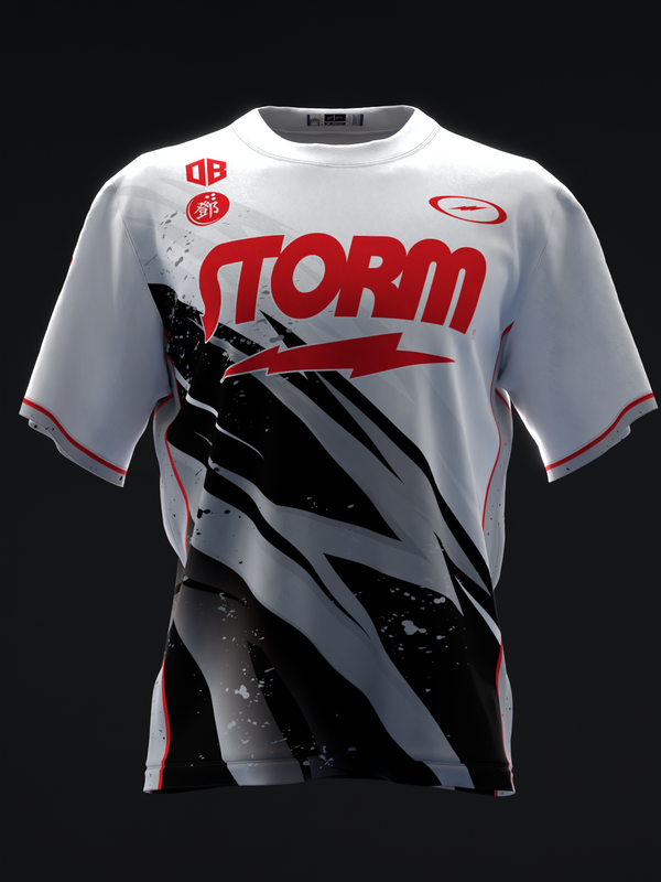 White bowling jersey with red Storm text and black diagonal lightning graphic design, front view