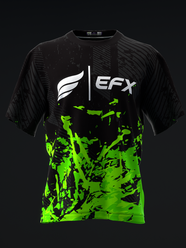 Black bowling jersey with neon green abstract splatter pattern and EFX logo, front view