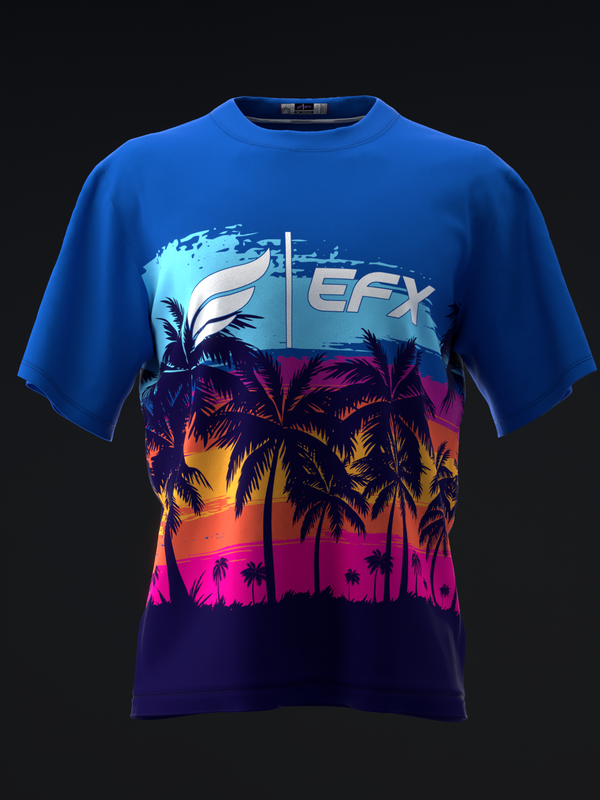 Blue bowling jersey with tropical palm tree sunset gradient graphic