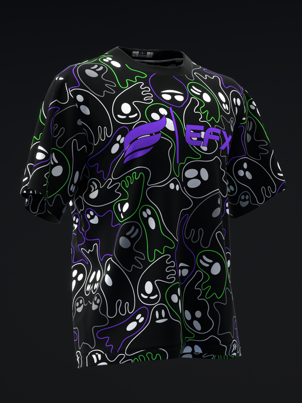 Black bowling jersey with neon ghost and skull print front view
