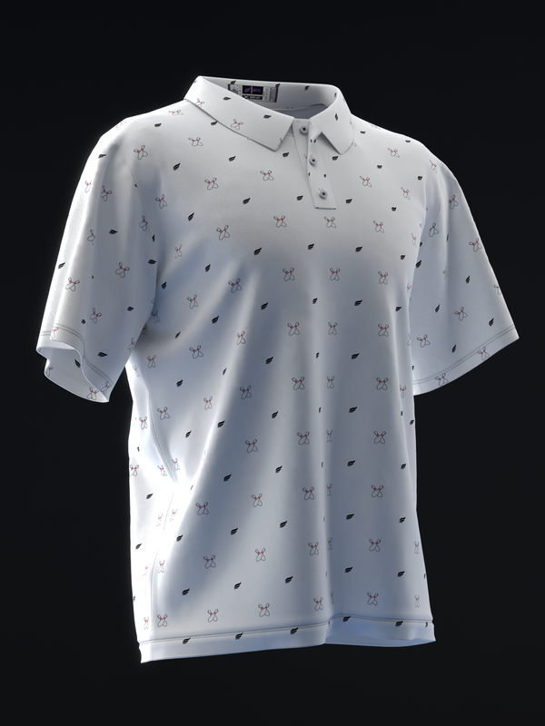 White polo shirt with scattered bowling pins and leaf motifs, front view