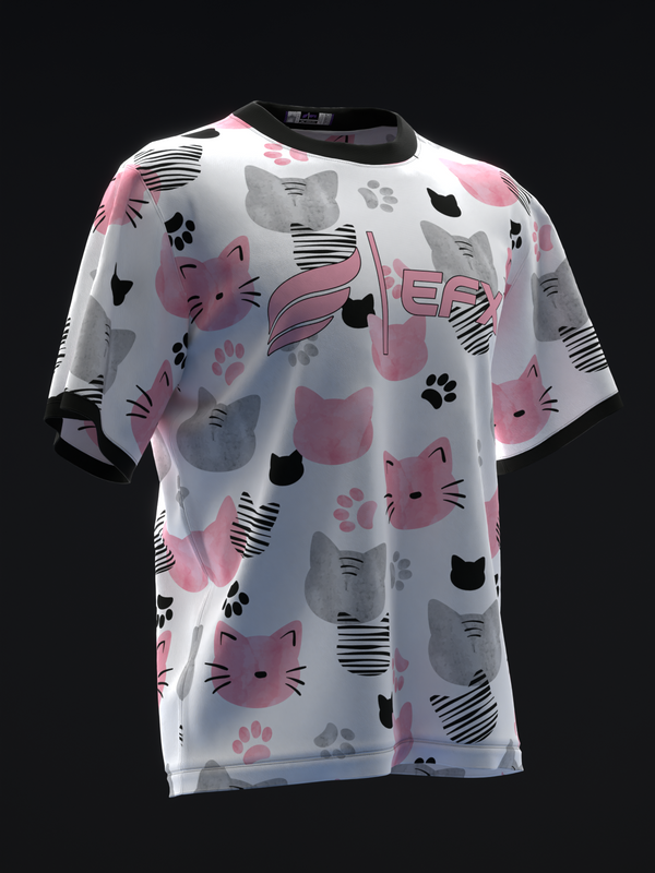White bowling jersey with pink, gray, and black cat and paw print pattern, front view