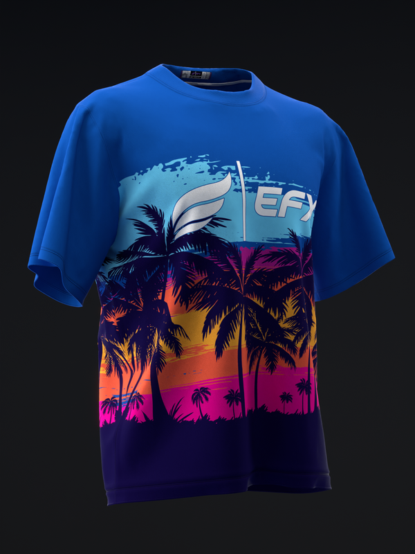 Blue bowling jersey with tropical sunset and palm tree graphic design