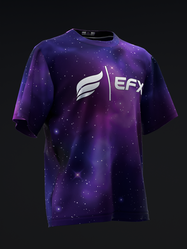 Purple bowling jersey with galaxy print and EFX logo, front view