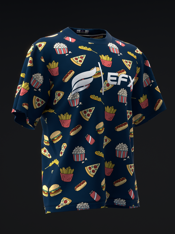 Navy bowling jersey with fast food print and EFX logo, front view