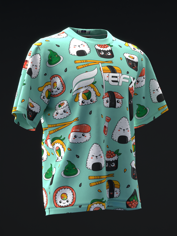 Teal bowling jersey with playful sushi character print throughout, front view