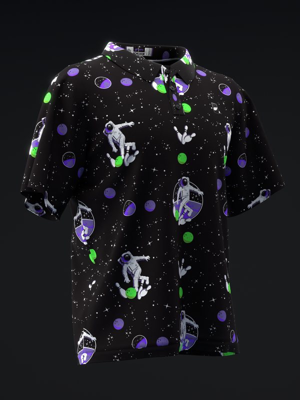 Black bowling polo with neon green, purple, and white space-themed graphic pattern