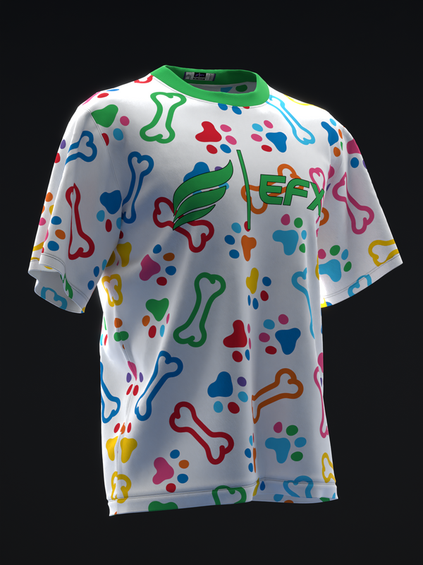 White bowling jersey with multicolored bones, hearts, and paw print pattern, front view