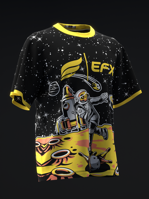 Black bowling jersey with neon yellow trim and astronaut graphic design