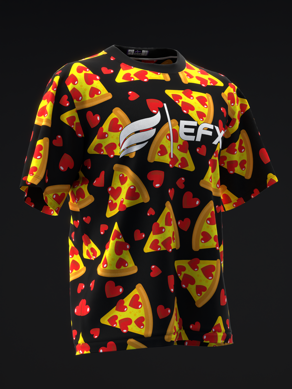 Black bowling jersey with pizza slices and red hearts pattern, front view