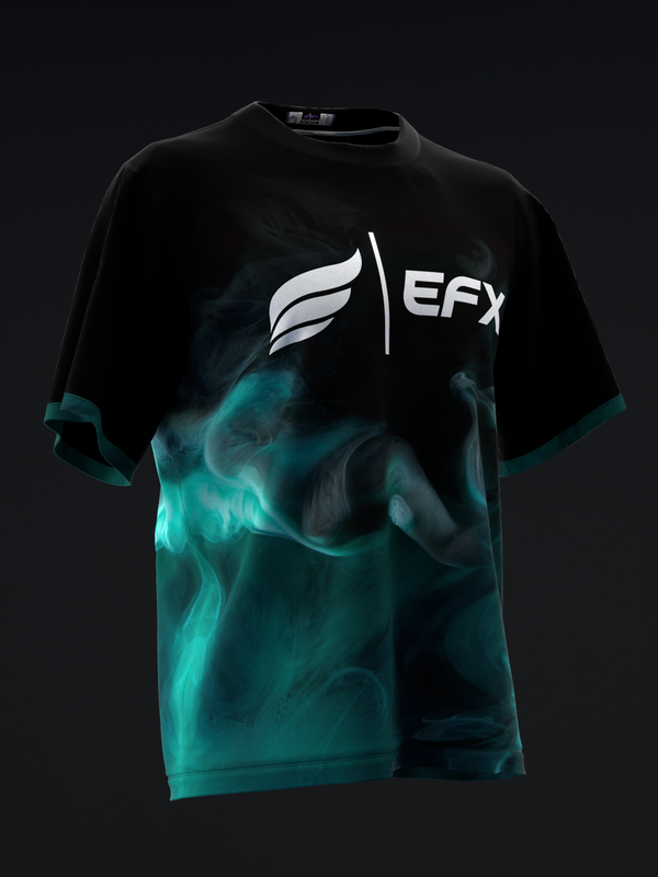 Black bowling jersey with teal smoke effect and white EFX logo, front view