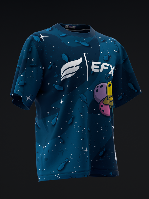 Deep blue bowling jersey with celestial pattern, bowling pin graphic, and EFX logo