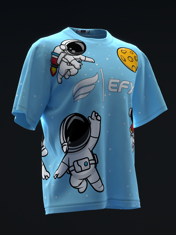 Light blue bowling jersey with cartoon astronauts and moon graphic design