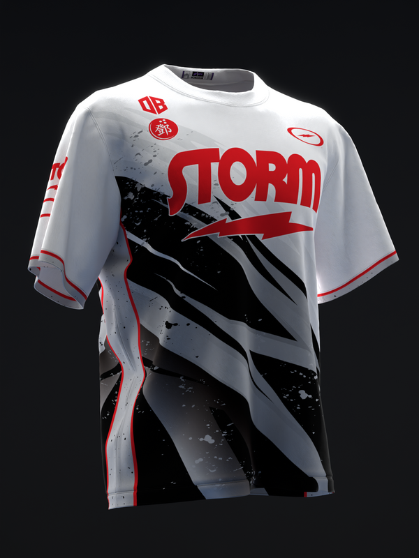 White and black bowling jersey with red Storm branding and diagonal stripe graphic